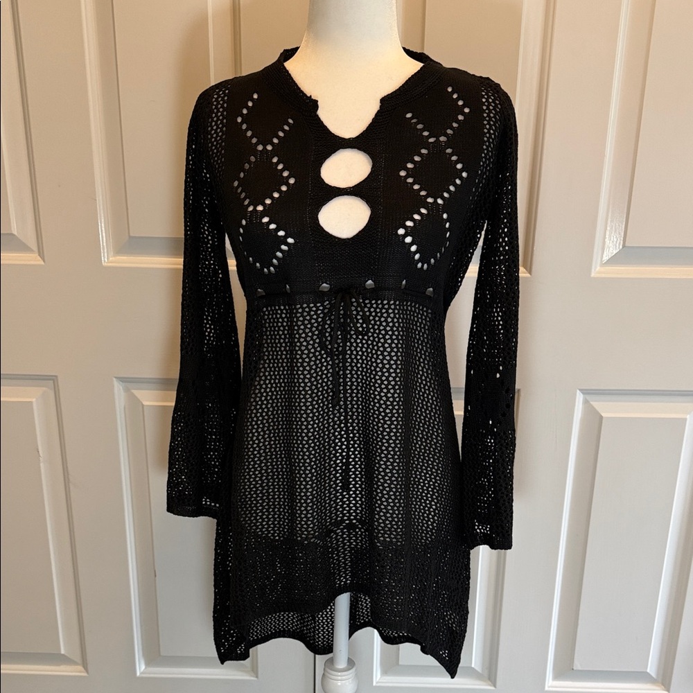 Elegant Aleyah Black Crochet Swim Cover-Up Size L